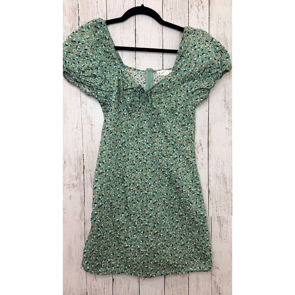 Loveriche Green Floral Puff Sleeve Mini Dress Square Neck Tie Front Small
